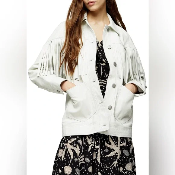 Topshop Roy fringed white leather jacket US size 12 - Picture 3 of 16